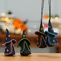 Wool felt ornaments, 'Witching Hour' (set of 4) - Hand-Stitched Wool Felt Witch Ornaments in Black (Set of 4)