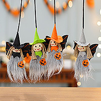 Wool felt ornaments, 'Witch Girls' (set of 4) - Set of 4 Handmade Halloween-Themed Wool Felt Witch Ornaments