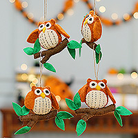 Wool felt ornaments, 'Owl Message' (set of 4) - Handmade Set of 4 Owl-Shaped Wool Felt Ornaments from India