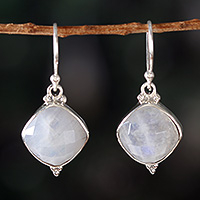 Rainbow moonstone dangle earrings, 'Misty Kiss' - 33-Carat Faceted Natural Rainbow Moonstone Dangle Earrings