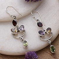 Multi-gemstone dangle earrings, 'Rainbow Cheers' - Two-Carat Faceted Multi-Gemstone Dangle Earrings from India