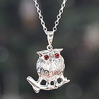 Garnet pendant necklace, 'Owl of Passion' - Owl-Themed Sterling Silver and Round Garnet Pendant Necklace