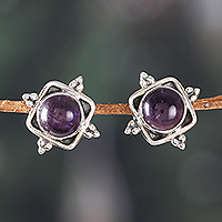 Amethyst button earrings, 'Sapience Marchioness' - Artisan-Made Amethyst Cabochon Button Earrings from India