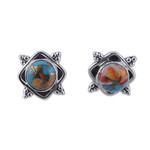 Sterling silver button earrings, 'Paradise Marchioness' - Indian-Made Reconstituted Turquoise Cabochon Button Earrings