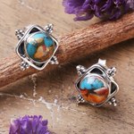 Sterling silver button earrings, 'Paradise Marchioness' - Indian-Made Reconstituted Turquoise Cabochon Button Earrings