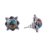 Sterling silver button earrings, 'Paradise Marchioness' - Indian-Made Reconstituted Turquoise Cabochon Button Earrings