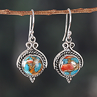 Sterling silver dangle earrings, 'Paradise Rhapsody' - Fair Trade Reconstituted Turquoise Cabochon Dangle Earrings