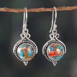Sterling silver dangle earrings, 'Paradise Rhapsody' - Fair Trade Reconstituted Turquoise Cabochon Dangle Earrings