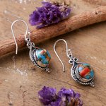 Sterling silver dangle earrings, 'Paradise Rhapsody' - Fair Trade Reconstituted Turquoise Cabochon Dangle Earrings