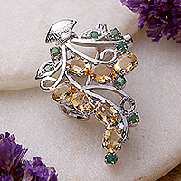 Rhodium-plated citrine and emerald brooch pin, 'Verdant Warmth' - Rhodium-Plated Three-Carat Citrine and Emerald Brooch Pin