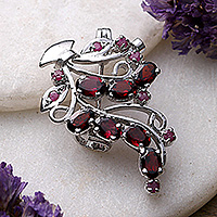 Rhodium-plated garnet and ruby brooch pin, 'Crimson Liaison' - Leafy Rhodium-Plated Three-Carat Garnet and Ruby Brooch Pin