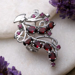 Rhodium-plated garnet and ruby brooch pin, 'Crimson Liaison' - Leafy Rhodium-Plated Three-Carat Garnet and Ruby Brooch Pin
