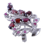 Rhodium-plated garnet and ruby brooch pin, 'Crimson Liaison' - Leafy Rhodium-Plated Three-Carat Garnet and Ruby Brooch Pin