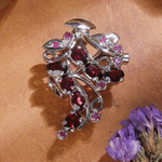 Rhodium-plated garnet and ruby brooch pin, 'Crimson Liaison' - Leafy Rhodium-Plated Three-Carat Garnet and Ruby Brooch Pin