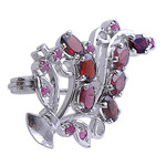 Rhodium-plated garnet and ruby brooch pin, 'Crimson Liaison' - Leafy Rhodium-Plated Three-Carat Garnet and Ruby Brooch Pin