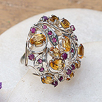 Citrine and ruby cocktail ring, 'Dulcet Sunshine' - Faceted Six-Carat Citrine and Ruby Cocktail Ring from India