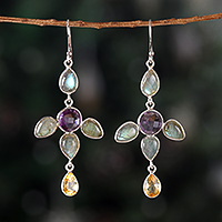 Multi-gemstone dangle earrings, 'Celestial Drops' - 8-Carat Multi-Gemstone Sterling Silver Dangle Earrings