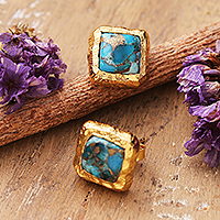 Gold-plated button earrings, 'Glorious Island' - Polished 18k Gold-Plated Composite Turquoise Button Earrings