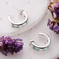 Chalcedony half-hoop earrings, 'Aqua Hoops' - Minimalist 1-Carat Chalcedony Half-Hoop Earrings from India