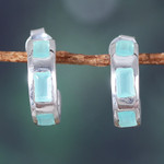 Chalcedony half-hoop earrings, 'Aqua Hoops' - Minimalist 1-Carat Chalcedony Half-Hoop Earrings from India