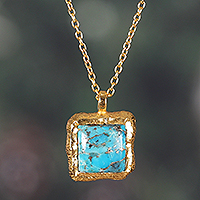 Gold-plated pendant necklace, 'Glorious Island' - High-Polished 18k Gold-Plated Composite Turquoise Necklace