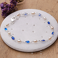 Cultured pearl and blue quartz link bracelet, 'Blue Innocence' - 2-Carat Cream Cultured Pearl and Blue Quartz Link Bracelet