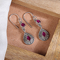 Ruby dangle earrings, 'Capricious Tears' - Handmade Two-Carat Ruby and Sterling Silver Dangle Earrings