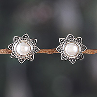 Cultured pearl button earrings, 'Pure Blossom' - Flower-Shaped Sterling Silver and Pearl Button Earrings