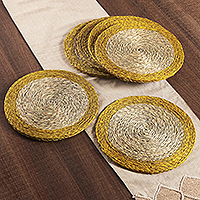 Natural fiber placemats, 'Golden Banquet' (set of 6) - Set of 6 Round Golden Natural Sabai Grass Fiber Placemats