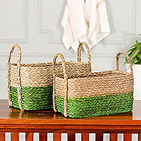 Natural fiber baskets, 'Green Call' (set of 2) - Handwoven Set of 2 Green and Beige Sabai Grass Fiber Baskets