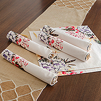 Cotton placemats, 'Spring Ecstasy' (set for 6) - Spring-Themed Printed White 100% Cotton 6-Piece Placemat Set