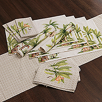 Cotton table linen set, 'Jungle Grandeur' (13 pieces) - Jungle-Themed Printed 13-Piece 100% Cotton Table Linen Set