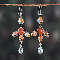 Multi-gemstone dangle earrings, 'Fiery Drops' - 8-Carat Faceted and Cabochon Multi-Gemstone Dangle Earrings