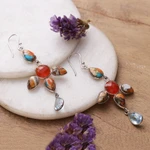 Multi-gemstone dangle earrings, 'Fiery Drops' - 8-Carat Faceted and Cabochon Multi-Gemstone Dangle Earrings