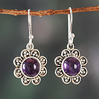 Amethyst dangle earrings, 'Wisdom in Petals' - Flower-Shaped Sterling Silver and Amethyst Dangle Earrings