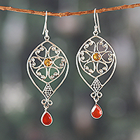 Carnelian and citrine dangle earrings, 'Flame of Sunrise' - Classic Indian-Made Carnelian and Citrine Dangle Earrings