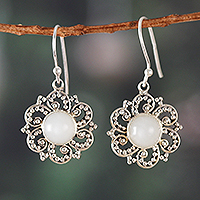 Moonstone dangle earrings, 'Celestial Blossom' - Heavenly Floral Natural Moonstone Dangle Earrings from India