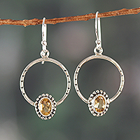 Citrine dangle earrings, 'Cycles of Radiance' - Silver Dangle Earrings with Two-Carat Oval Citrine Gemstones