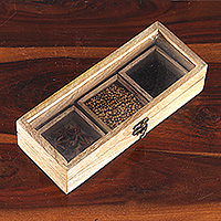 Wood spice box, ‘Rectangular Flavor’ - Hand-Carved Rectangular Wood Spice Box with Iron Latch