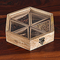 Wood spice box, ‘Hexagonal Flavor’ - Hexagonal Mango Wood Spice Box with Detachable Compartments