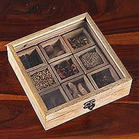 Wood spice box, ‘Square Flavor’ - Square Wood Spice Box with Nine Detachable Compartments