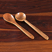 Wood serving utensils, 'Handmade with Love' (set of 2) - Artisan-Made Neem Wood Spoon and Ladle Set Made in India