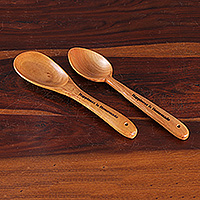 Wood serving utensils, 'Happiness is Homemade' (set of 2) - Fair Trade Handmade Polished Neem Wood Serving Utensil Set