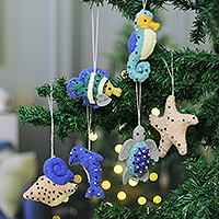 Wool felt ornaments, 'Aquatic Party' (set of 6) - Ocean-Themed Glass Beaded 6-Piece Wool Felt Ornament Set