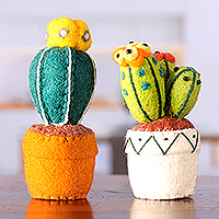 Wool felt home accents, 'Cactus Cheer' (set of 2) - Cotton-Embroidered 2-Piece Wool Felt Cactus Home Accent Set