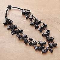 Hand-carved beaded statement necklace, 'Bohemian Night' - Hand-Carved and Painted Black Beaded Statement Necklace