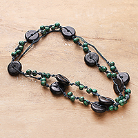 Wood beaded long strand necklace, 'Precious Harmony' - Painted Green Black-Hued Wood Beaded Long Strand Necklace