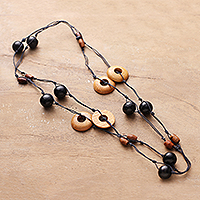 Wood beaded long station necklace, 'Modern Delight' - Hand-Carved and Painted Wood Beaded Long Station Necklace