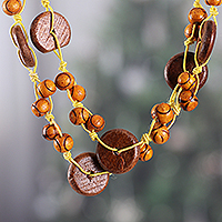 Wood beaded long strand necklace, 'Brown Harmony' - Brown Hand-Carved Painted Wood Beaded Long Strand Necklace