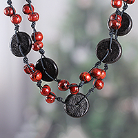 Wood beaded long strand necklace, 'Vivid Harmony' - Black Red Carved Painted Wood Beaded Long Strand Necklace